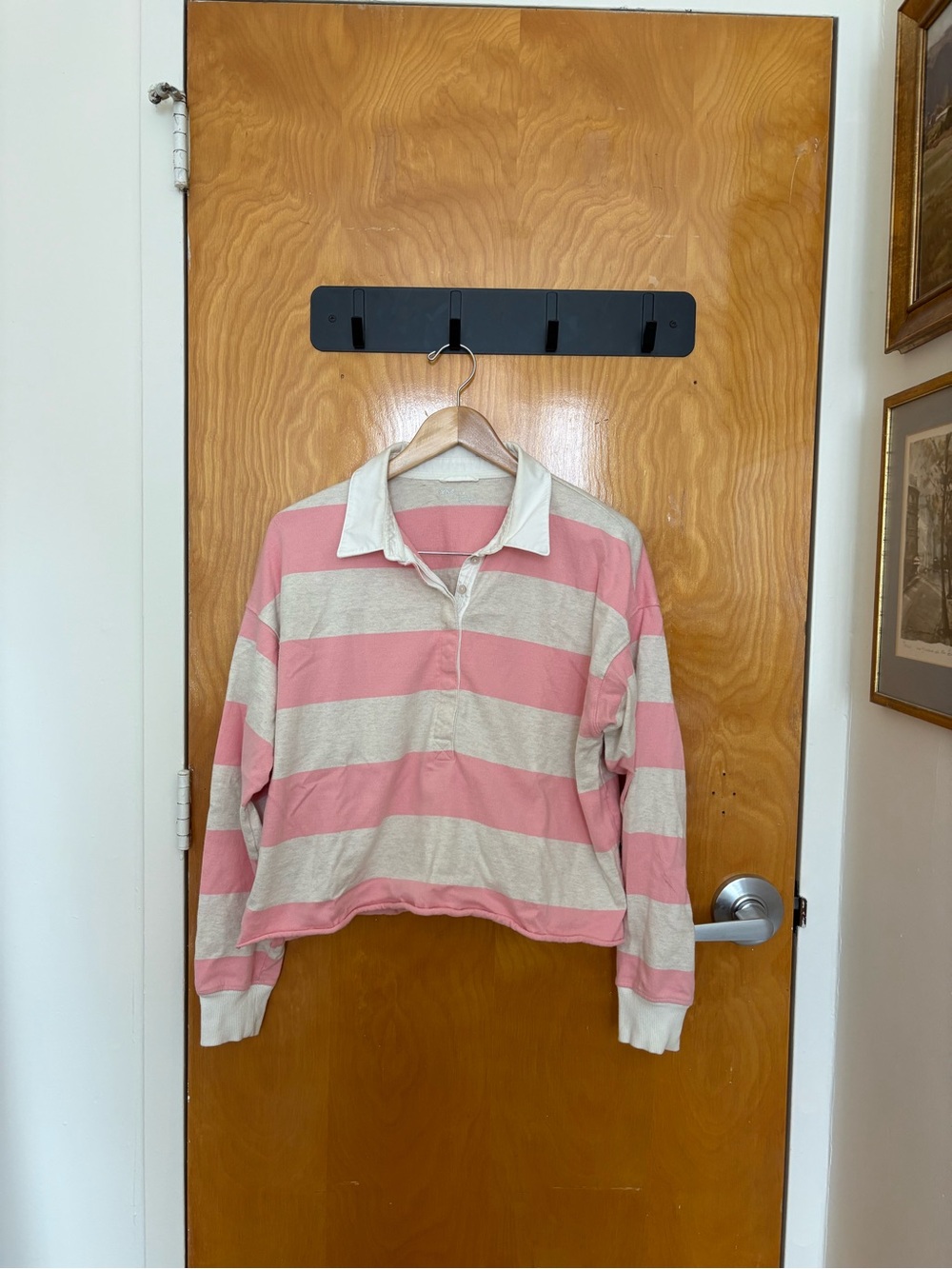 aerie Pink and Cream Striped Rugby Polo